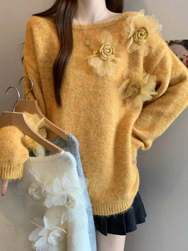 

Handmade Large Size Women's Knitwear oulder Drop Flower Embellied Loose Fit Autumn Winter New Sle Versatile Comfortable...