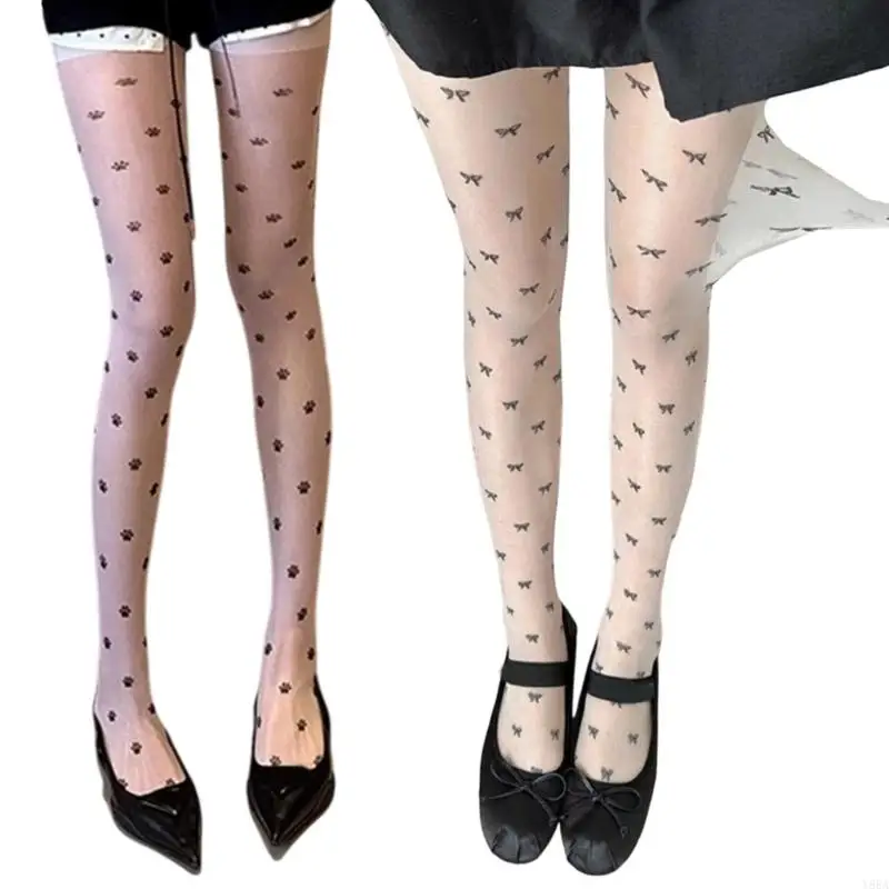 

Y88A Women Silk Tights 90s Aesthetic Cats Paws Bows Print Sheer Pantyhose Stockings