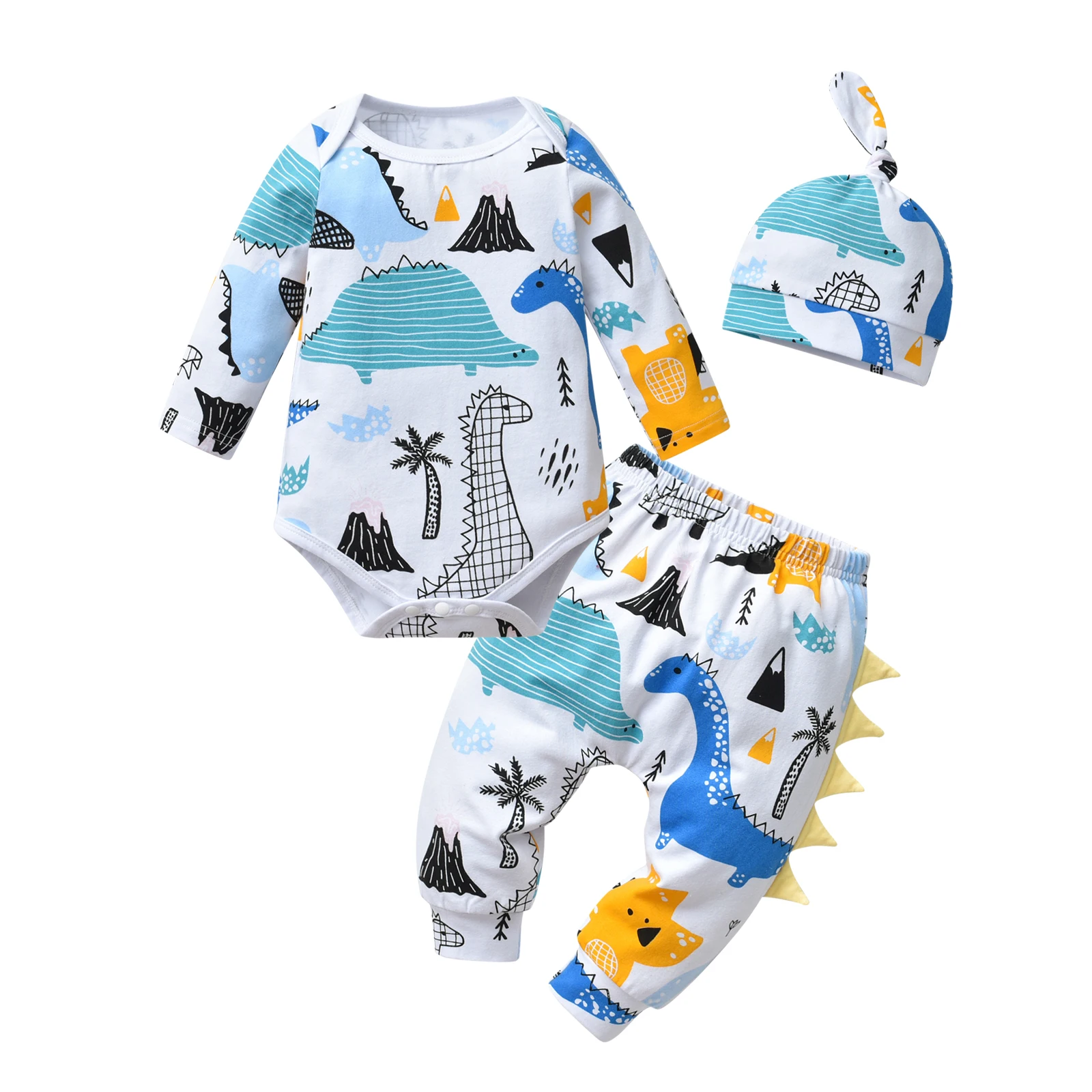 Trend Newborn Baby Boy 3PCS Clothes Sets Cotton Long Sleeve Romper Top Infant Pants Hat Cute Dinosaur Printed Outfit for Boys