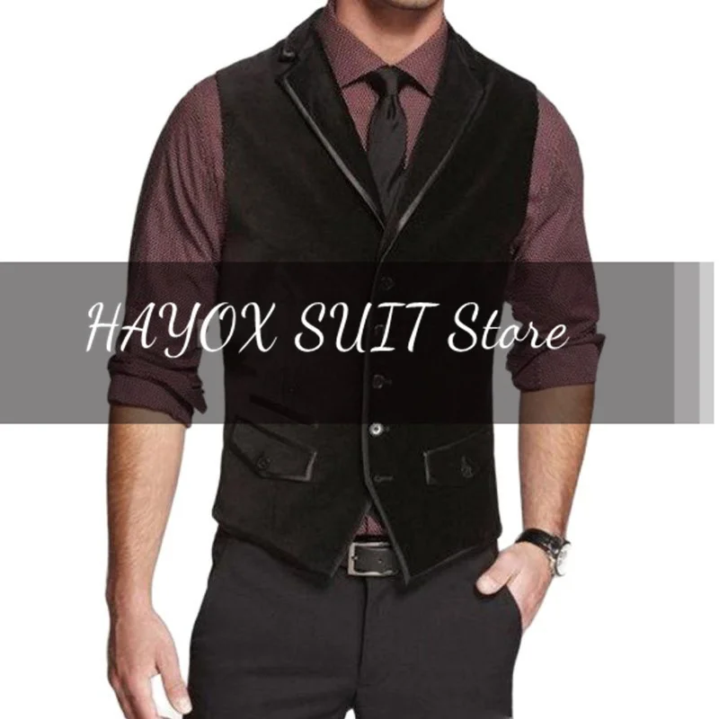 Men's Vest Slim Fit Single Breasted Vintage Lapel Suede Leather Wedding Groom Prom Chalecos