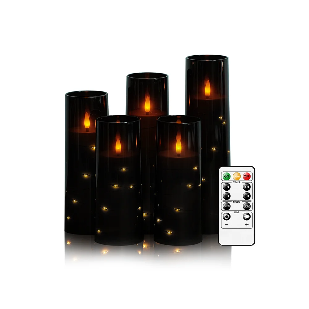 5PCS Acrylic Flameless LED Electronic Candles with String Lights Timer Dimmable Flickering Luxury Gift Christmas New Year Candle