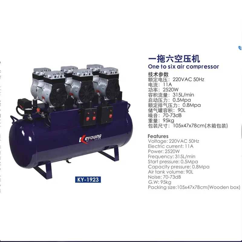 One to Six Oil Free Silence Air Compressor For 5-6 den tal Chairs 90L CE/ISO