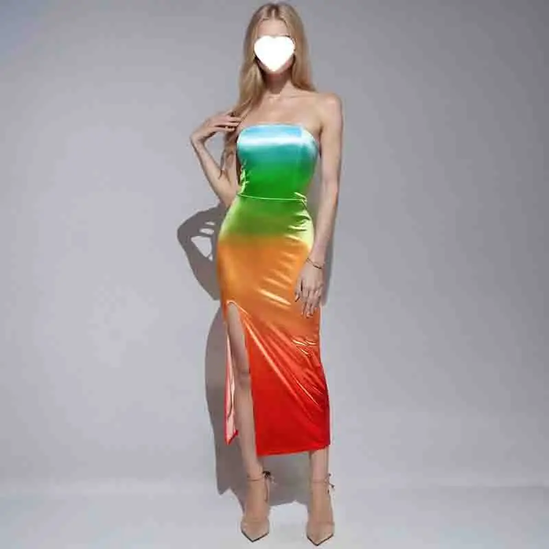 

Rainbow gradient strapless dress medium length dress women's slim fit slit party evening dress wrapped without shoulder straps