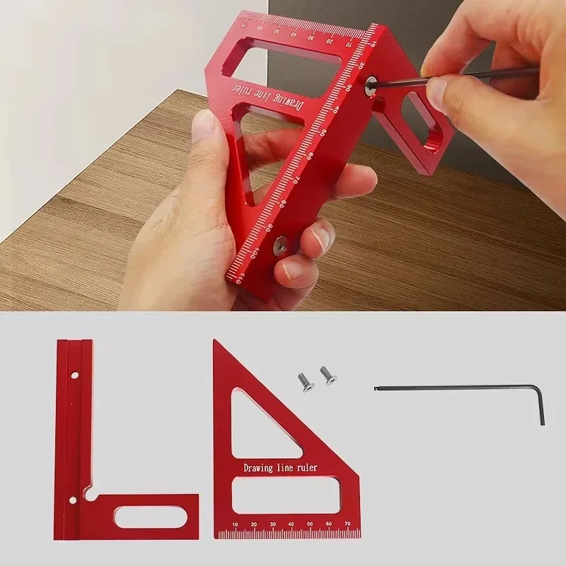 Regla de medición roja de aluminio multiángulo 3D, transportador cuadrado para carpintería de 45/90 grados, línea de dibujo, herramienta de diseño triangular de inglete