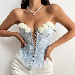 Flower Sleeveless Tube Tops Women Hollow Lace Corset Vest Sexy Strapless Lingerie Tank Top Chic Clubwear Bare Shoulder Slim Cami