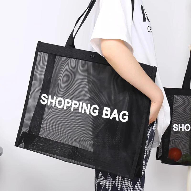 Simple Design Mesh Women Handbag Supermarket Shopping Bag Foldable Handbag Large Capacity Beach Bag Shoulder Bag