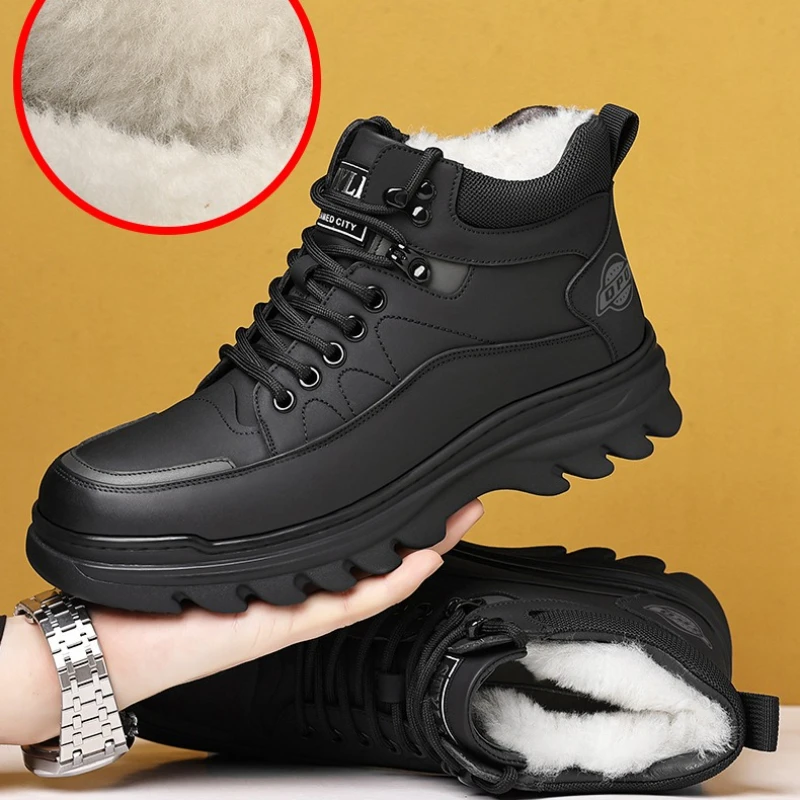 

Зимние мужские ботильоны из натуральной кожи с высоким берцем, уличные дышащие рабочие ботинки на толстой подошве, теплая плюшевая нескользящая повседневная обувь