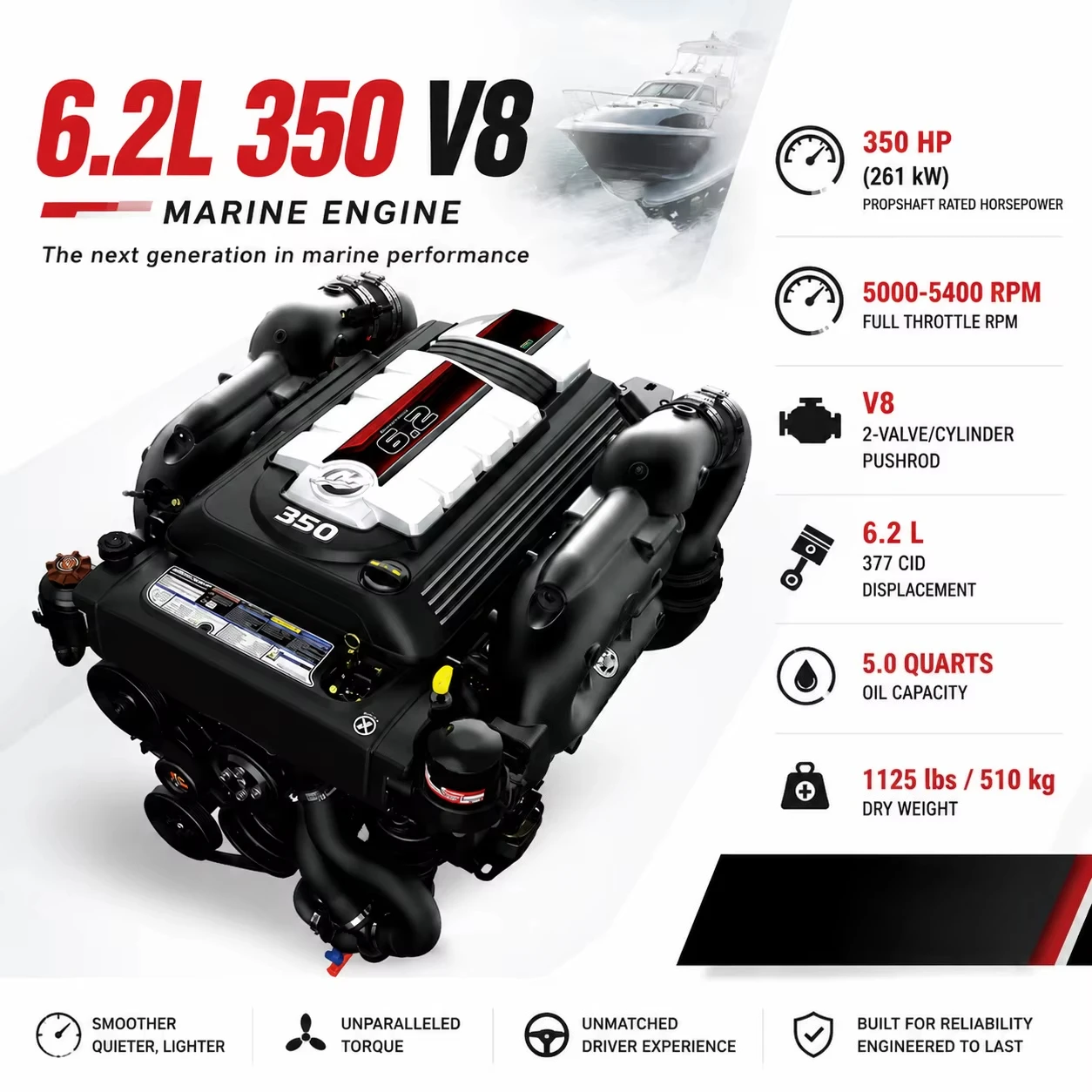 For Mercury MerCruiser 6.2L 350 V8 Marine Sterndrive Engine 350HP Gas-oline Inboard for Cruiser Boat