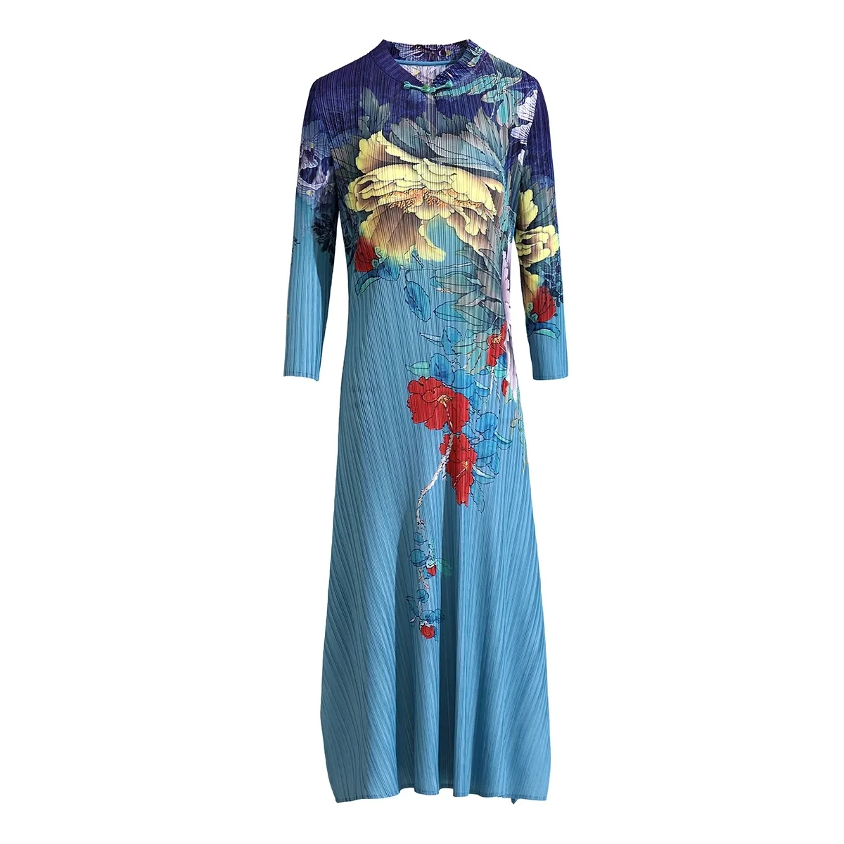 Chinesische Pfingstrose Druck Verbesserte Cheongsam Party Kleid Frauen Retro Stehkragen Frosch Elegante Dünne Miyake Plissee Abend