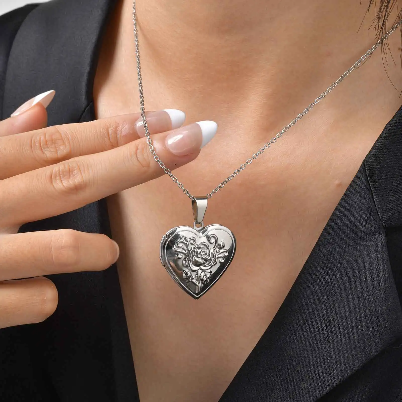 Women's Silver Plated Charm Stainless Steel Hollow Drop Pendant Necklace Texture Jewelry Gift for Christmas