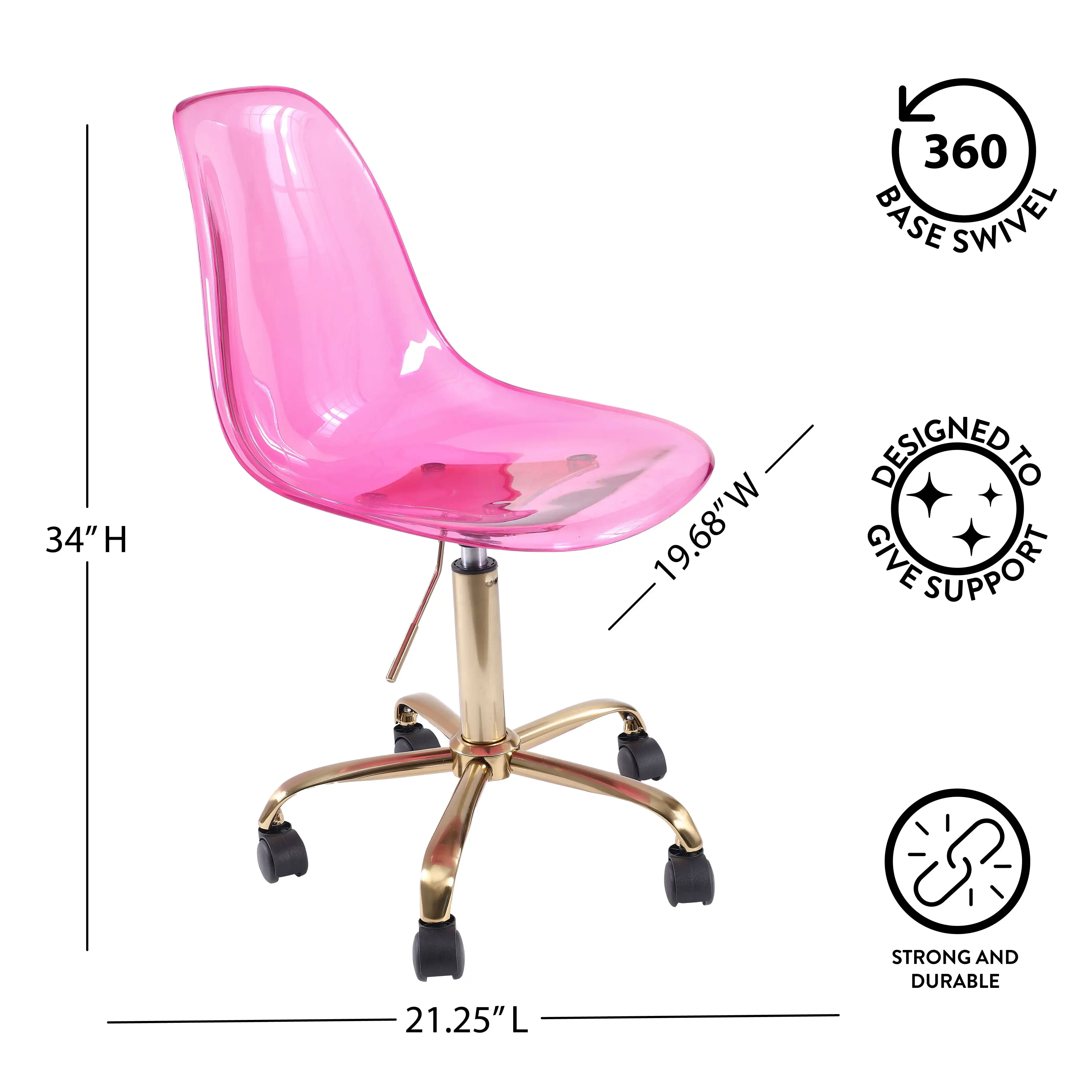 Silla de oficina enrollable de acrílico, silla de tarea con espalda media, altura ajustable, sillas de escritorio con ruedas, púrpura