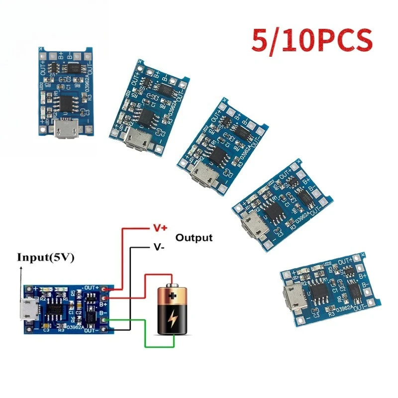 5/10 Stück 18650 TP4056 Lithium-Batterie-Ladegerät-Modul 5 V 1 A Micro-USB-Ladeplatine mit Schutz und zwei Funktionen