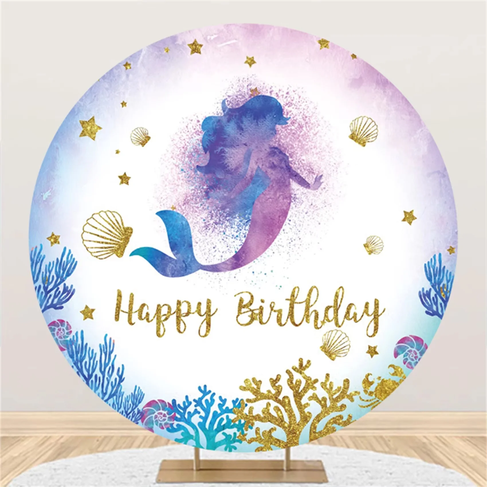 Glitter Mermaid Scales Happy Birthday Round Photography Background Ocean Theme Kids Birthday Party Portrait Decor Photo Backdrop