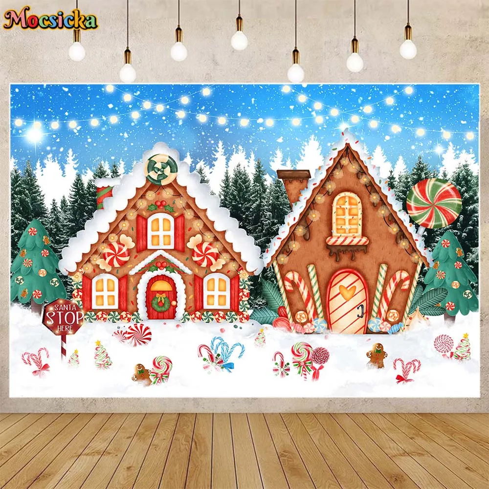 Mocsicka Christmas Backdrop Gingerbread House Winter Snow Xmas Tree Kids Portrait Background for Photo Studio Photography Props