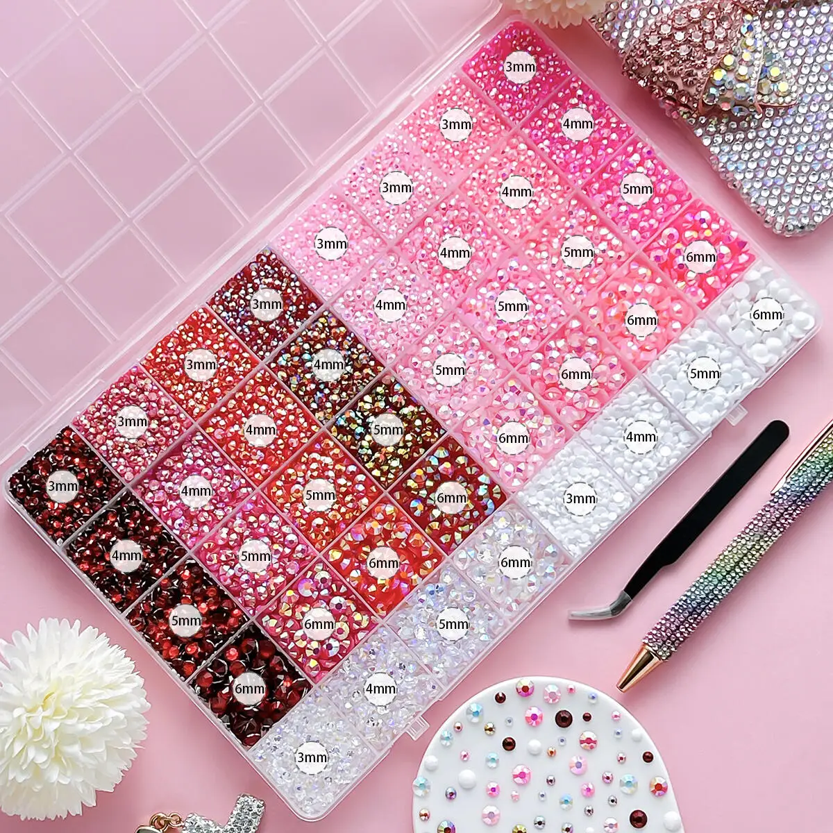 1Box Multi-sizes Gradient Solid Color Semi-circular Nail Rhinestones Shiny AB Flatback Resin Nail Rhinestones Bedazzling Kit DIY