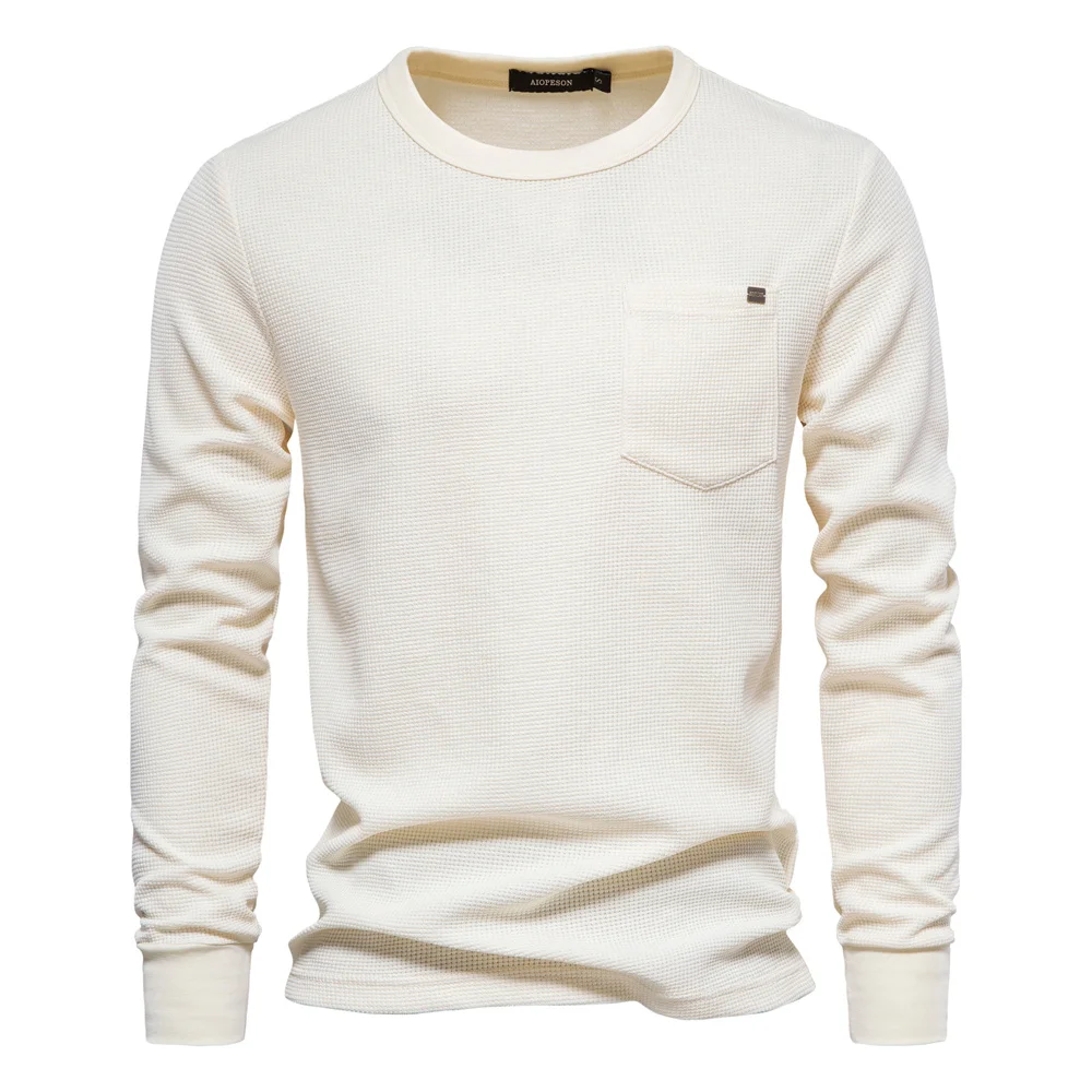 AIOPESON Waffel Baumwolle Einfarbig Männer T-shirts Einzelne Tasche Langarm T-shirts für Männer Neue Frühling Grundlegende Atmungsaktive Tops Männer