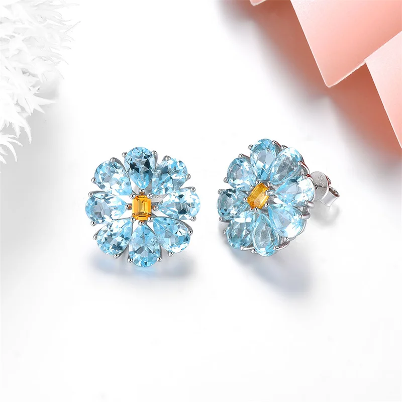 

Natural Sky Blue Topaz Citrine Sterling Silver Stud Earring 13.5 Carats Colorful Elegant Women's Jewelry Top Quality Engagement