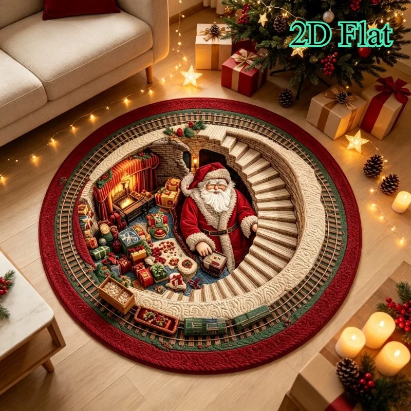 3D Illusion Gnome Christmas Round Area Rug, Checkered Printed Floor Mat, Spooky Holiday Home Decor Carpet