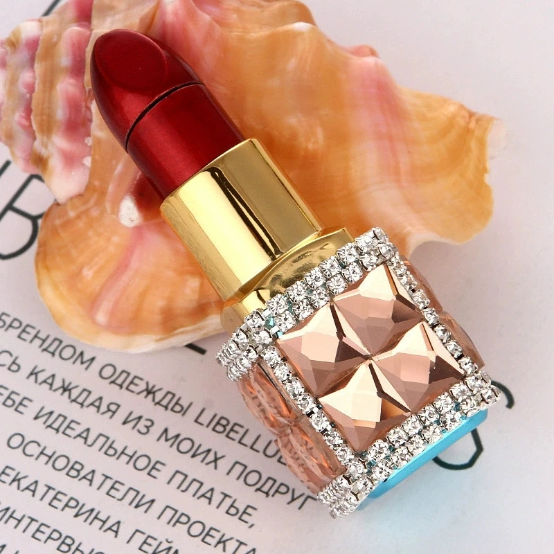 Luxury Diamond Lipstick Inflatable Lighter Mini Butane Pink Water Diamond Portable Lighter High End Women's Smoking Gift