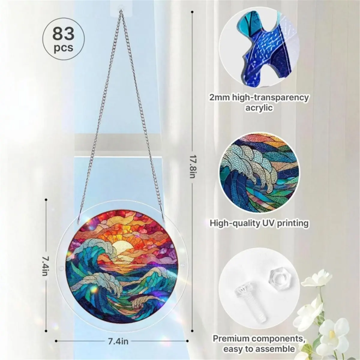 Sunset By the Sea Acrylic Puzzle,DIY Window Hanging Craft Puzzle, Round Acrylic Panel Decor