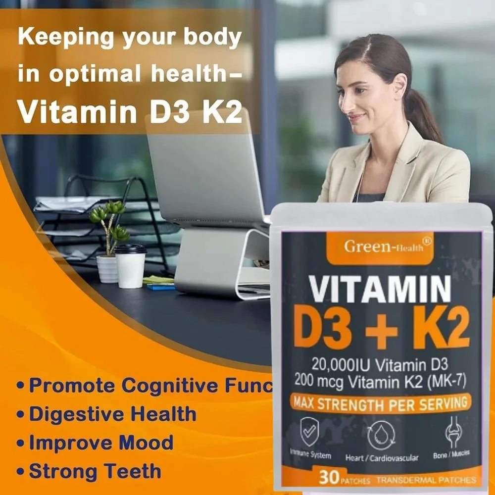 30 Patches Vitamin D3 & K2 Transdermal Patches Support Strong Bones & Muscle, Calcium Absorption & Immune Health