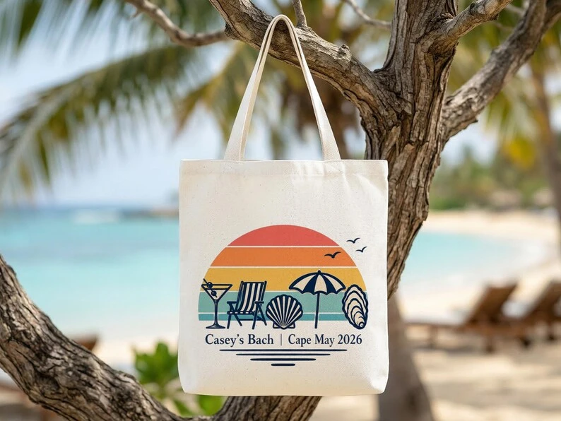Personalized Beach Bachelorette Party Tote Bags, Custom Party Favors for Cape May, Vintage Sunset Canvas Totes, Personalized Gif