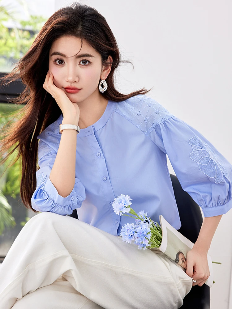 2024 Autumn New Fashion Commuting Single Breasted Blouses Round Neck Long Sleeve Shirt Chic Temperament Tops