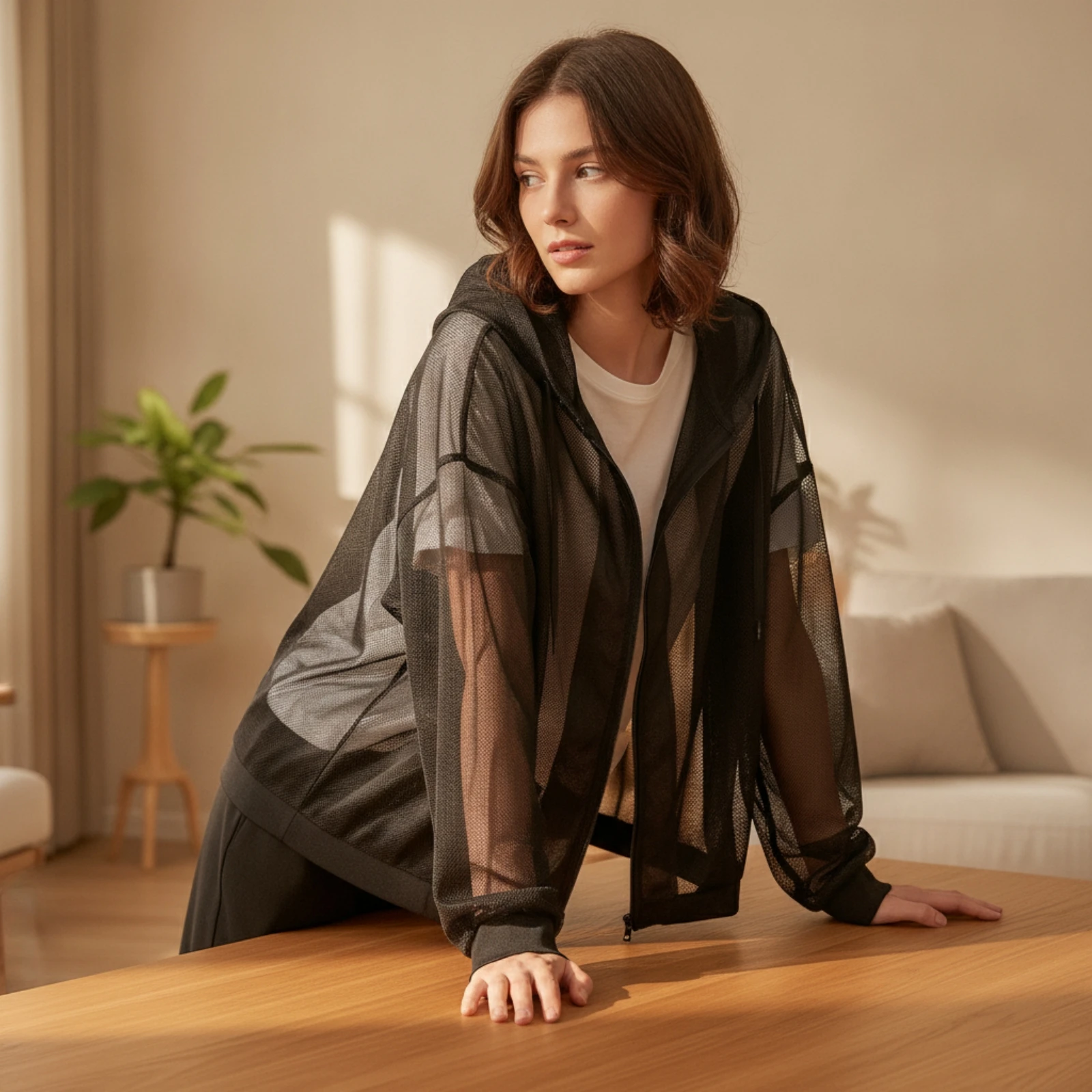 Mesh Jacket Loose Fit Hooded Jacket with Pockets Windbreaker Casual for Women, Summer Wear, Outdoor Walks