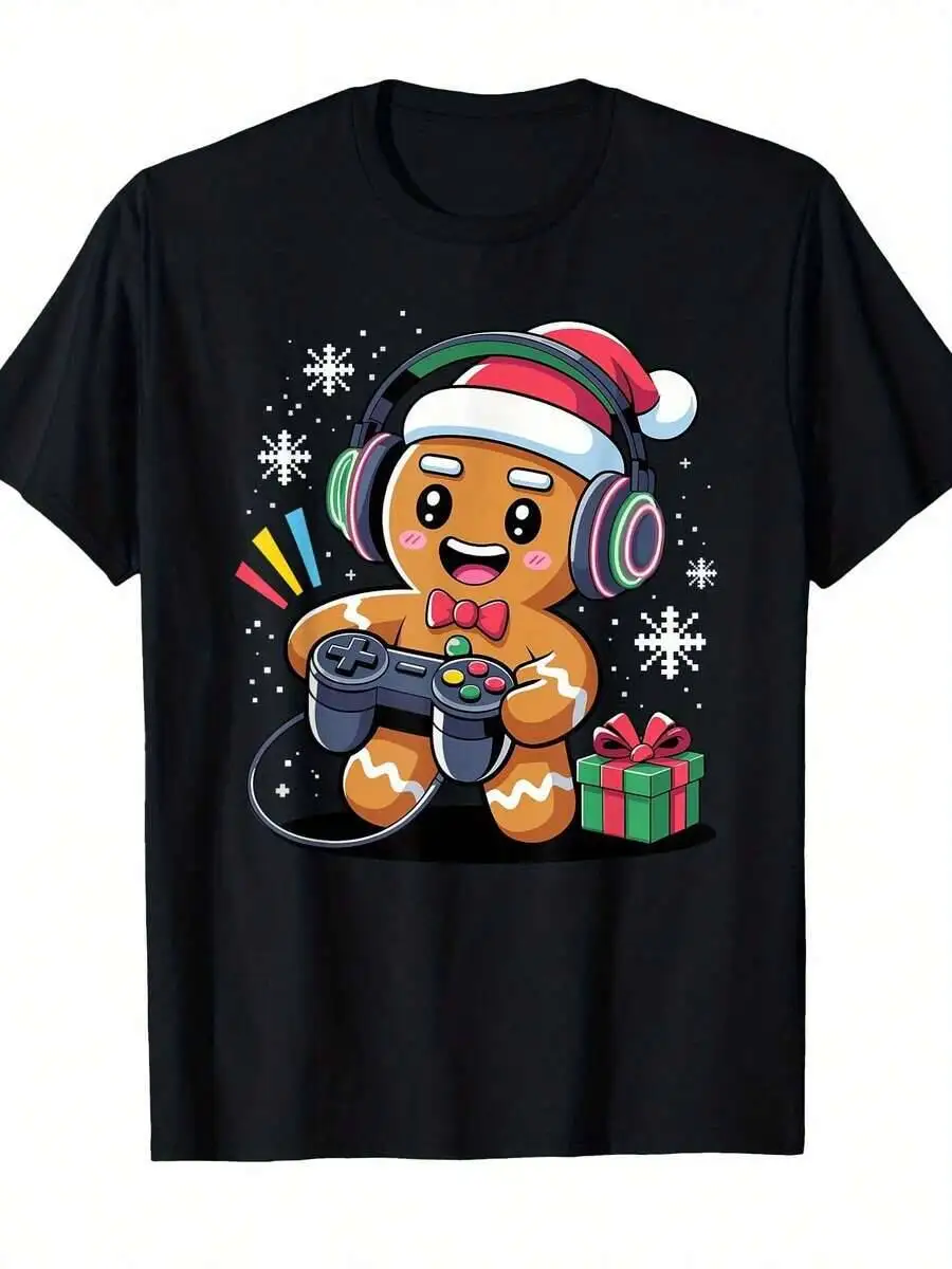 Men's Gingerbread Gamer T-Shirt - Short Sleeve Tee With Gaming Controller Holiday Cookie Design, S-3XL 100% Cotton Trendy Y2K