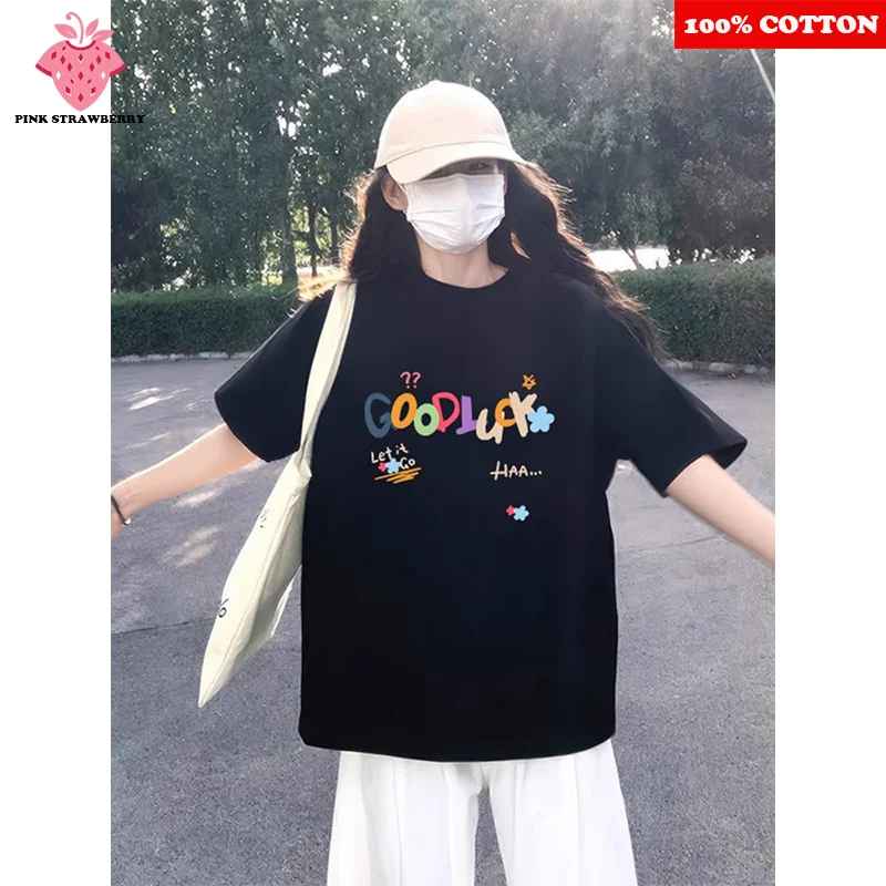 

Black Short sleeve T-shirt Women Summer 2025 New 100% Cotton Korean Personalized letter Print T-shirt Y2k Tops Female Clothing