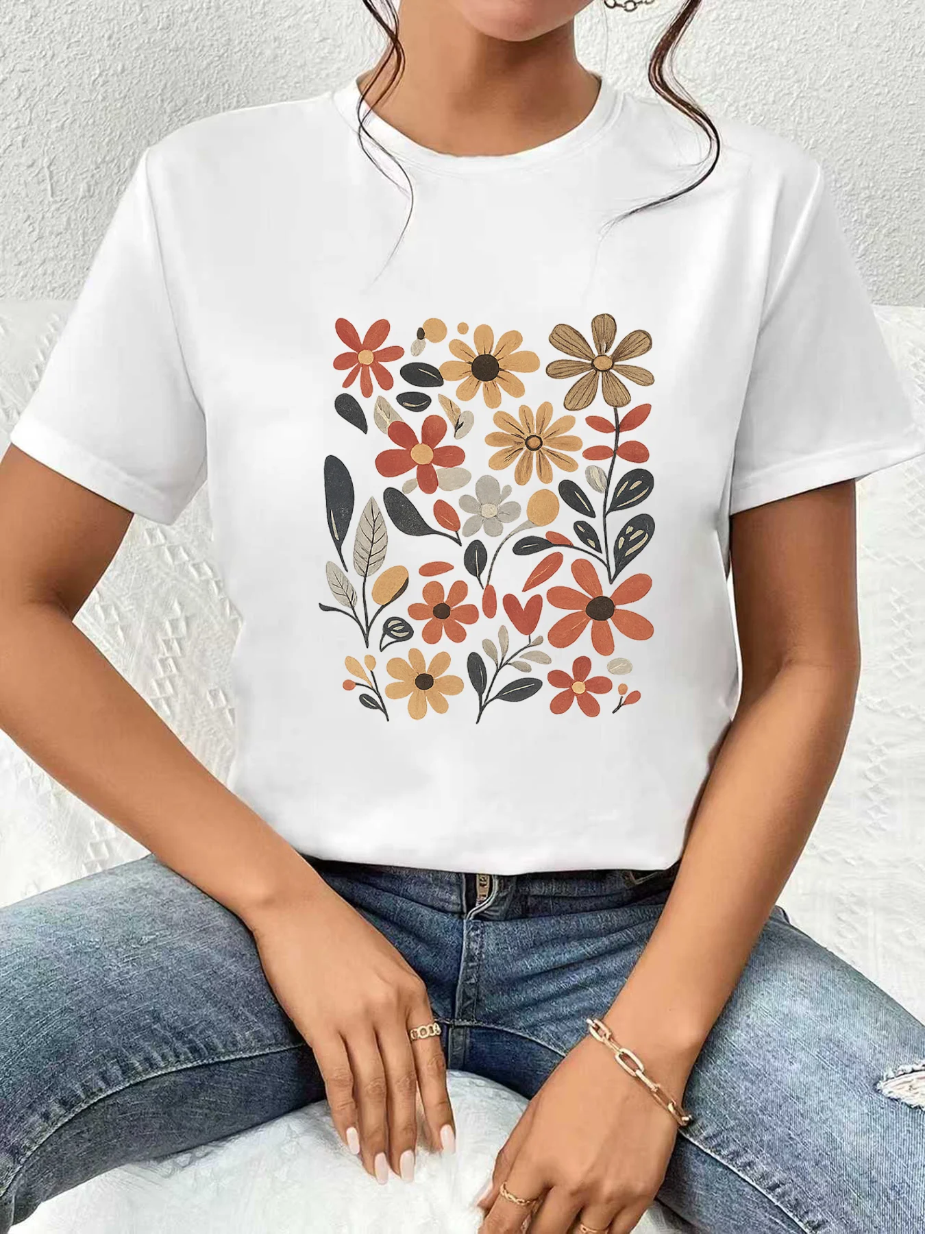 

【WDS03137】Женская футболка больших размеров с круглым вырезом, короткими рукавами, эластичными рукавами-полурукавами и модными принтами.