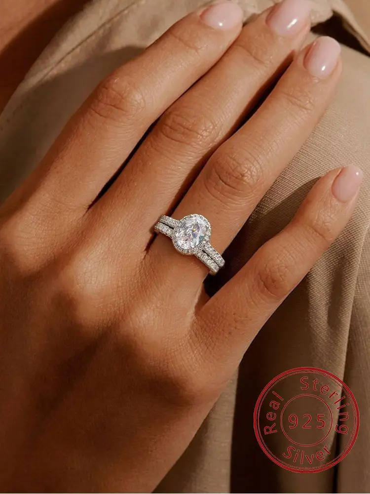 

925 Sterling Silver Wedding Women Rings Set Brilliant Oval Zirconia Temperament Elegant Lady Rings Engagement Band Trend Jewelry