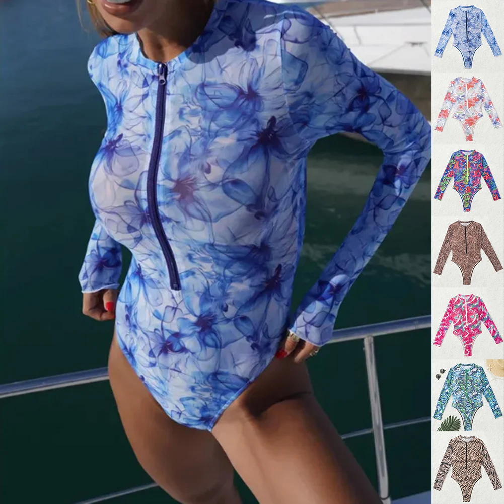 女性用日焼け止め水着ジャンプスーツ、ジッパー付き、高伸縮性、水泳、ビーチ、カジュアルウェアに最適