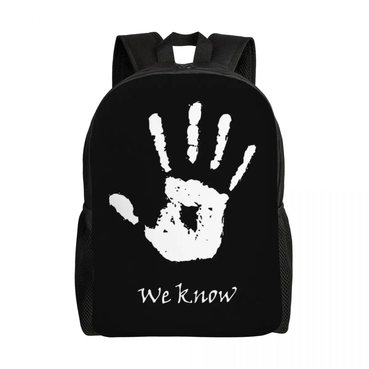 

Customized Skyrim Dark Brotherhood Hand Backpack Men Women Fashion Bookbag for College School We Know Letter Bags