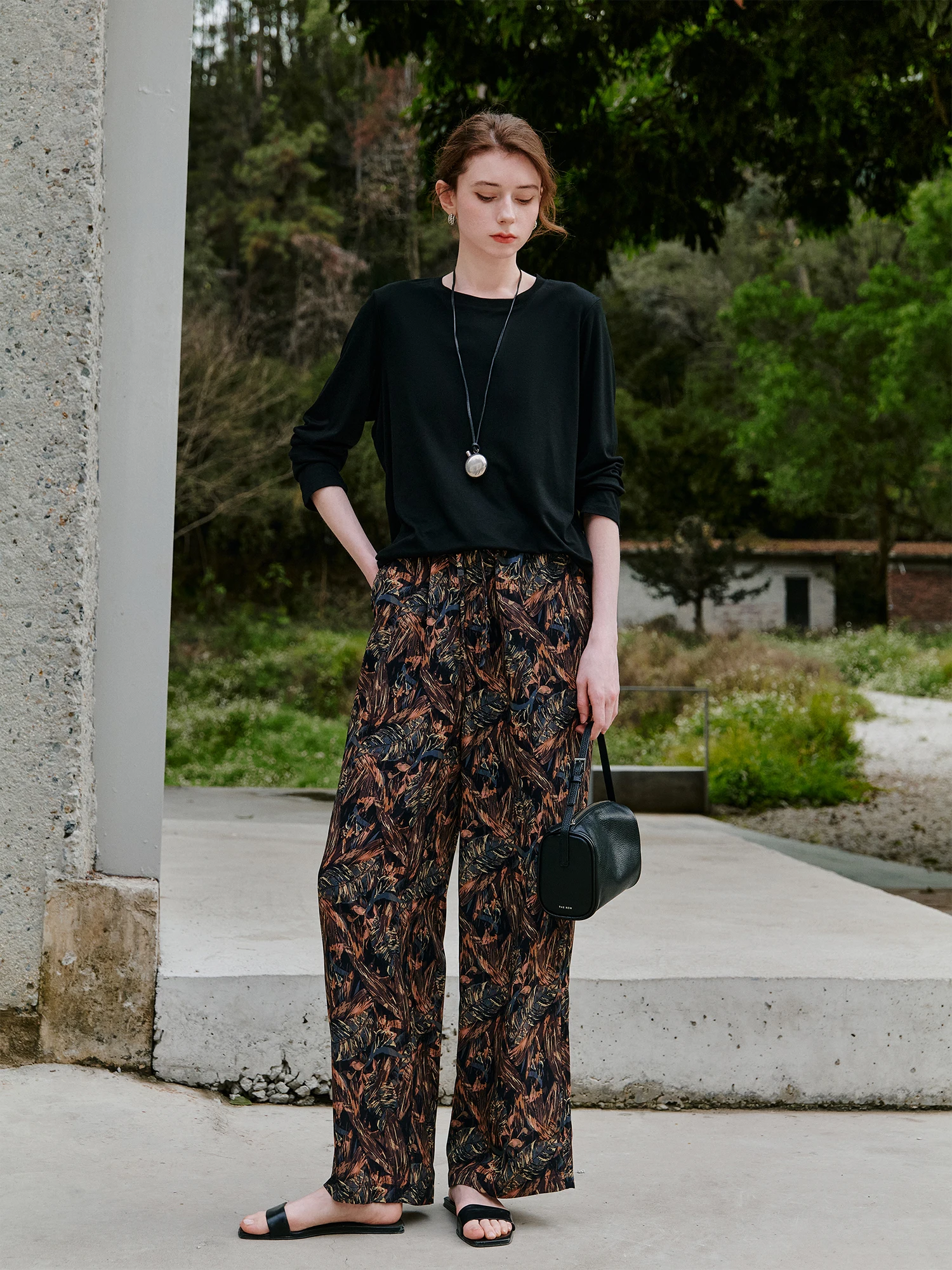 

Женские брюки из полиэстера с эффектом шелка, с винтажным художественным принтом, на резинке, в пол, прямого кроя, повседневные