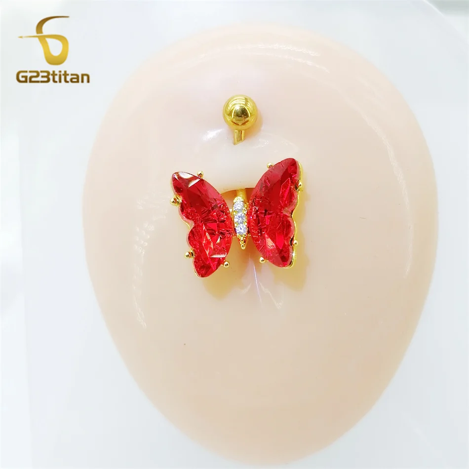 G23titan Women Summer Jewelry Red Crystal Butterfly Navel Ring 14G Titanium Steel Belly Button Bar Body Piercing Sexy Accessory