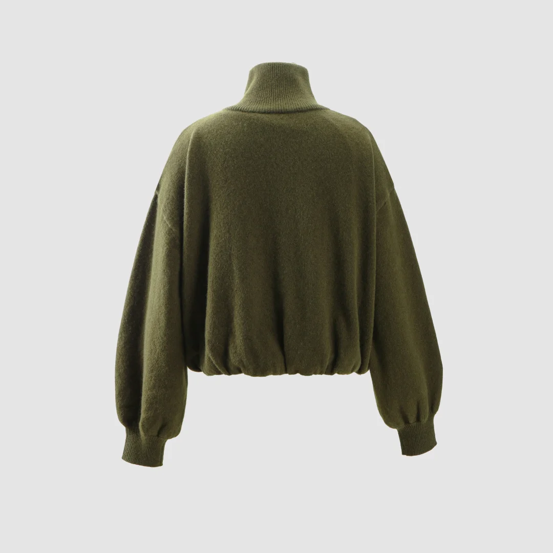 2025 New Arrival Olive Green 100% Wool Turtleneck Zip-Up: Oversized Cropped Jacket with Balloon Sleeves