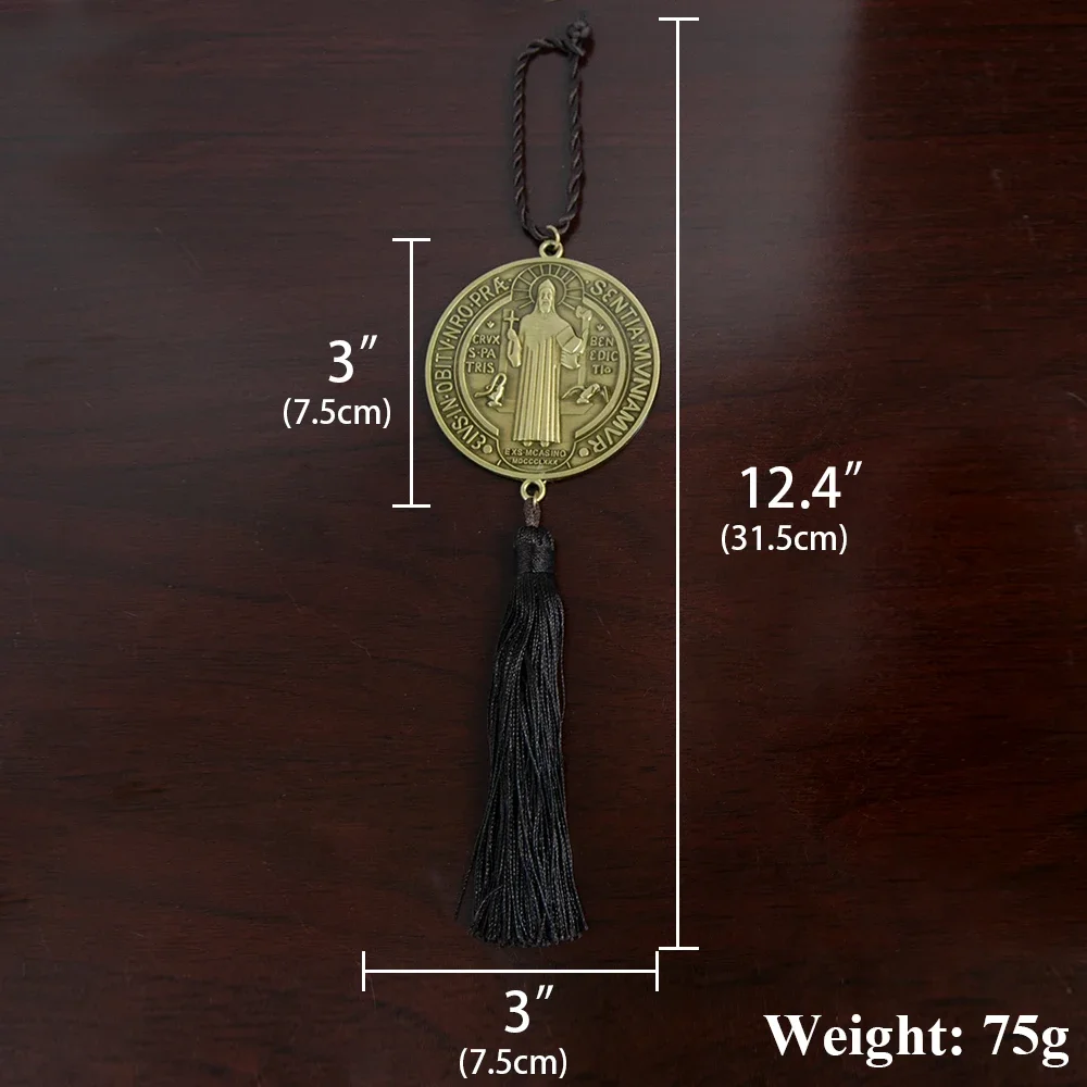 HTISOK Saint Benedict Protection Medal Gold Silver Plated Amulet with Tasse for Car Safety Home Blessing Religious Gift