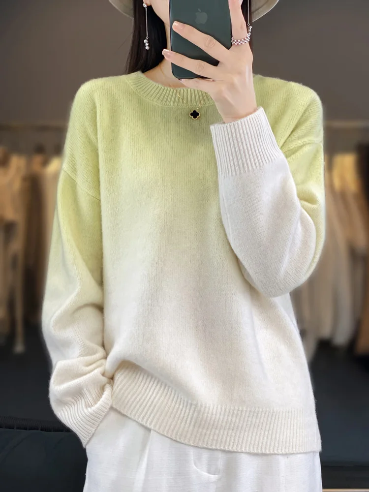 Casual 100% Merino Wool Sweater Autumn Winter Women Solid Knitwear O-Neck Loose Gradient Pullover Basics Cashmere Clothing Tops