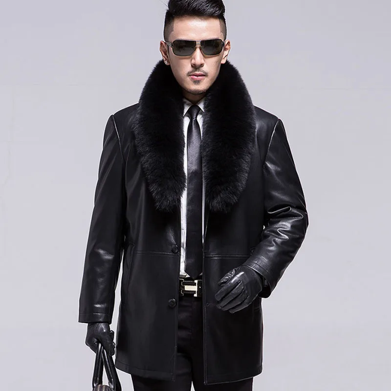 Fox Fur Collar Turn-Down Collar Men Genuine Leather Jacket Long Casual Single Breasted Coats Winter Solid Loose Male Overcoat