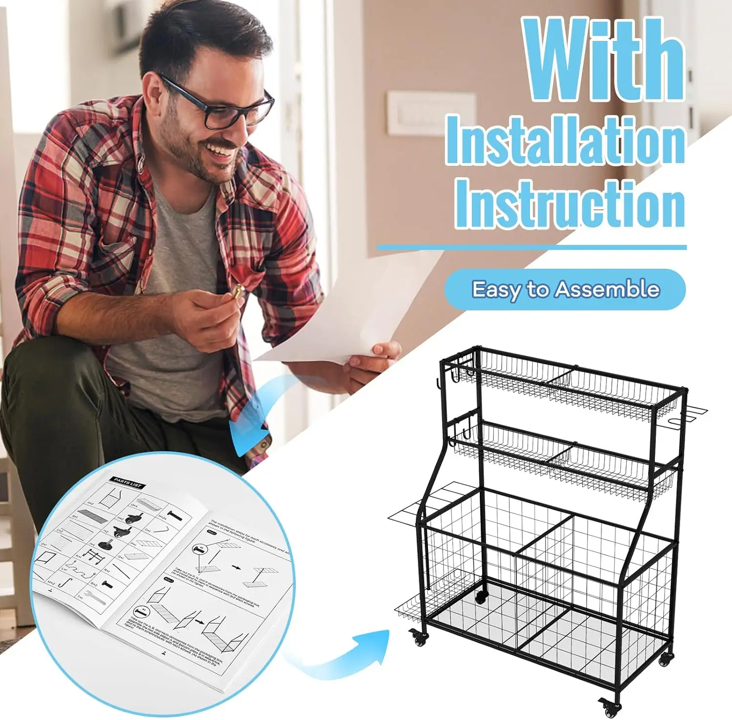 ที่จัดเก็บของในโรงรถพร้อมตะกร้าและตะขอ รถเข็นเก็บของแบบมีล้อสำหรับเก็บของเล่นและอุปกรณ์กีฬา