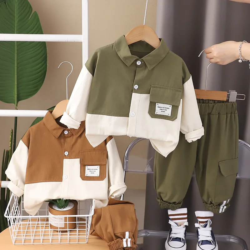 Spring Autumn Children Clothing Set Baby Boys Patchwork Lapel Shirt + Cargo Pants 2Pcs for 1-5 Years Kids Casual Tracksuit