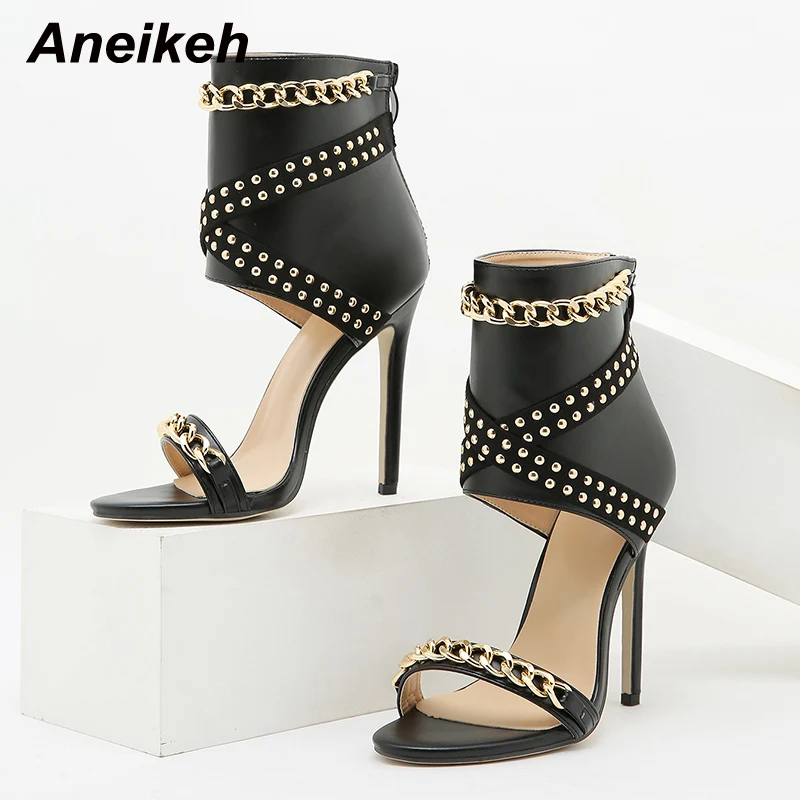 Aneikeh Sexy Rivet Metal Chain Sandals Boots Peep Toe Thin Heel Pumps Gladiator Sandalias Zipper Women High Shoes Summer 2025