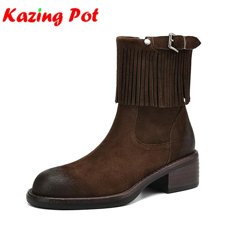 

Krazing Pot Cow Suede Nubuck Med Heels Modern Western Boots Tassel Fringe Metal Buckle Winter Autumn Vintage Women Ankle Boots