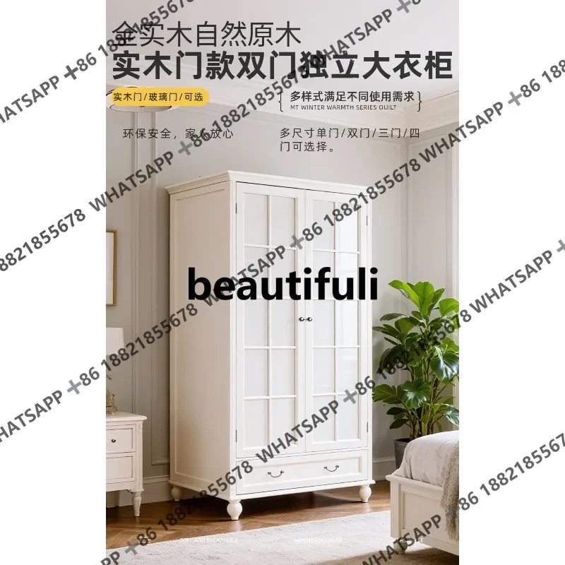 D178 American full solid wood vintage white wardrobe 2 door large wardrobe log storage cabinet
