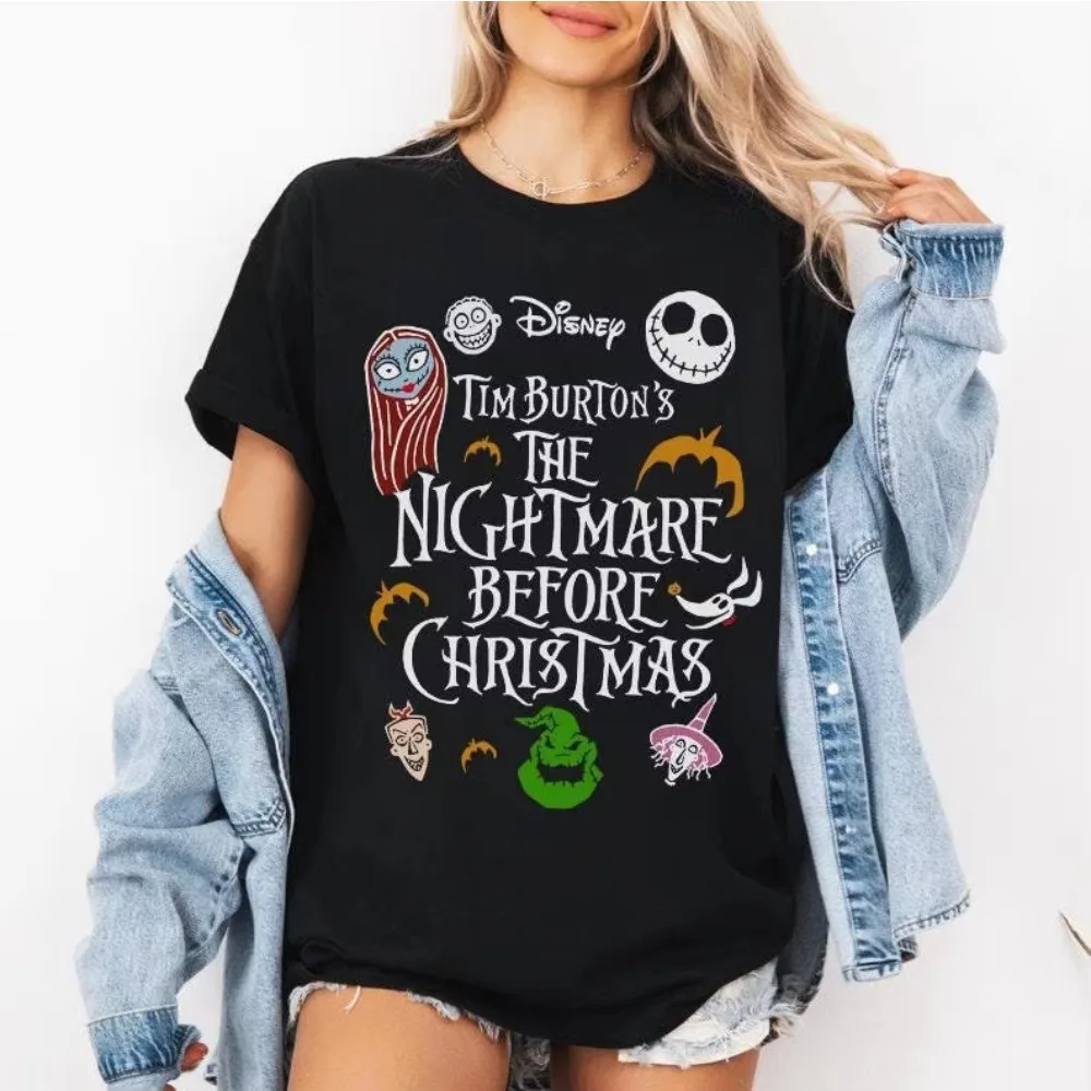 Camiseta de grupo de personajes de Tim Burton de pesadilla antes de Navidad de Disney, camiseta de barril de choque de Jack Sally Locke, camiseta de Halloween para mujer