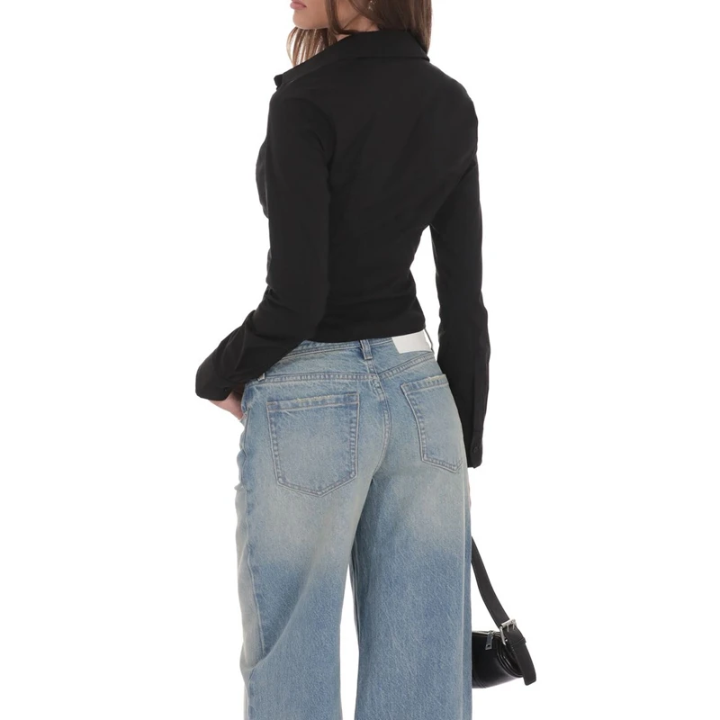 Combhasaki Vrouwen Effen Kleur Cleanfit Shirt Lange Mouw Button-down Revers Turkse Geplooide Ruches Buste Slanke Elegante Blouse tops