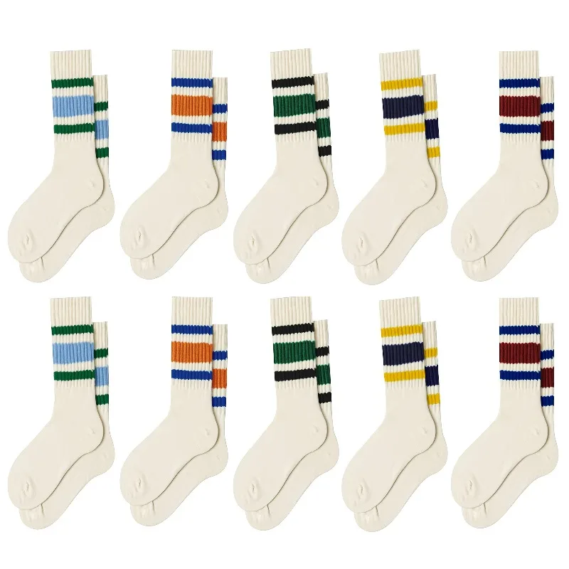 10 Pairs Fashion Trendy Sport Style Striped Long Socks, Multicolor Lively Striped Athletic Socks