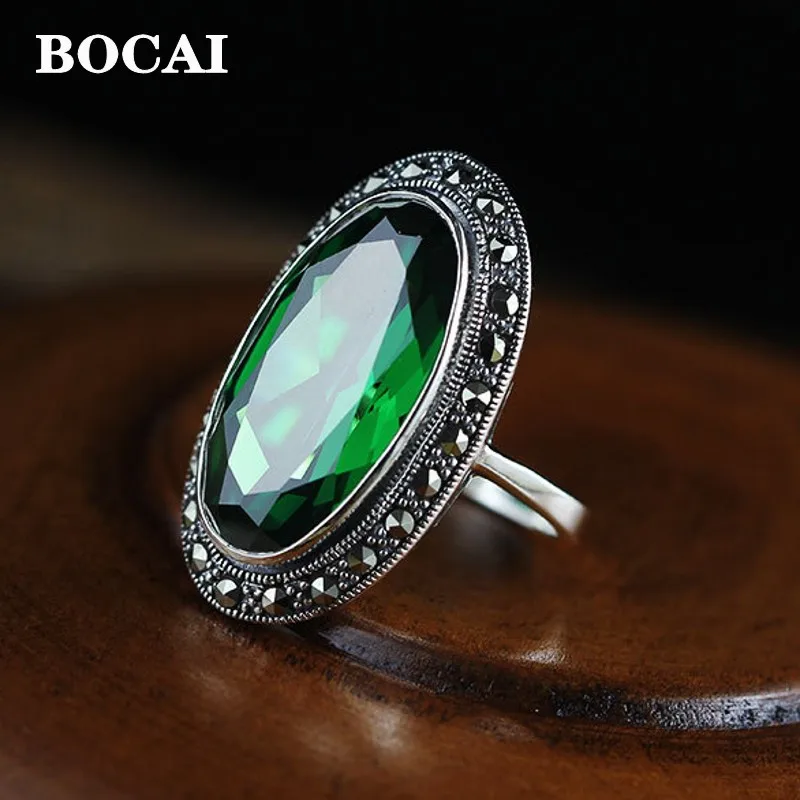 

BOCAI New Real S925 Silver Jewelry Thailand Exquisite Green Zircon Women's Ring Birthday Gift