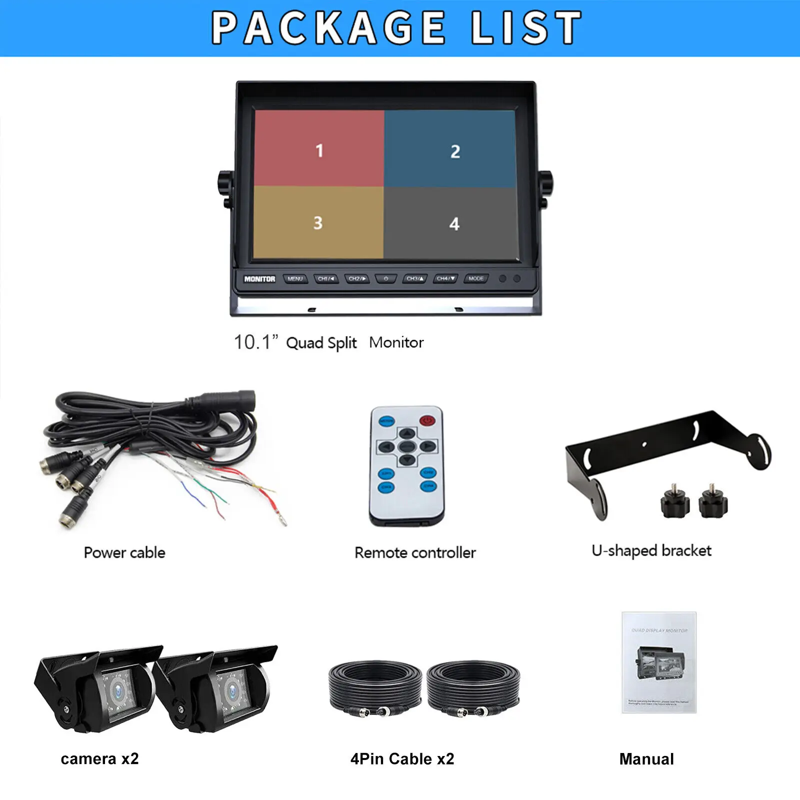 iPoster 10.1 Inch Split Screen Quad Monitor 12-24v 4PIN Rear View Reverse Cameras 18 IR LEDs Kit For Truck Bus Trailer Caravan